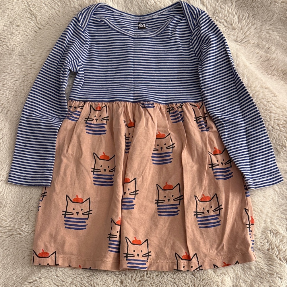 Tea Collection Blue Stripe Top with Pink Cat-Print Skirt Dress
